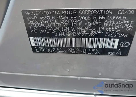 2009 Lexus Es 350 z USA, uszkodzony, nr VIN JTHBJ46G492279390